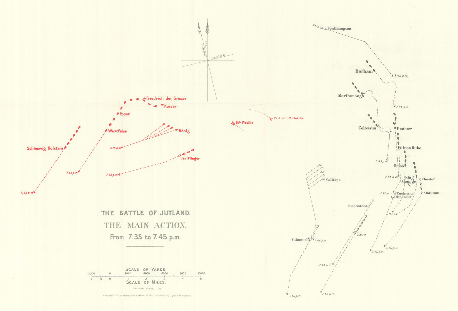Battle of Jutland. Main Action. 7.35-7.45 pm 31 May 1916. WW1. 1923 old map